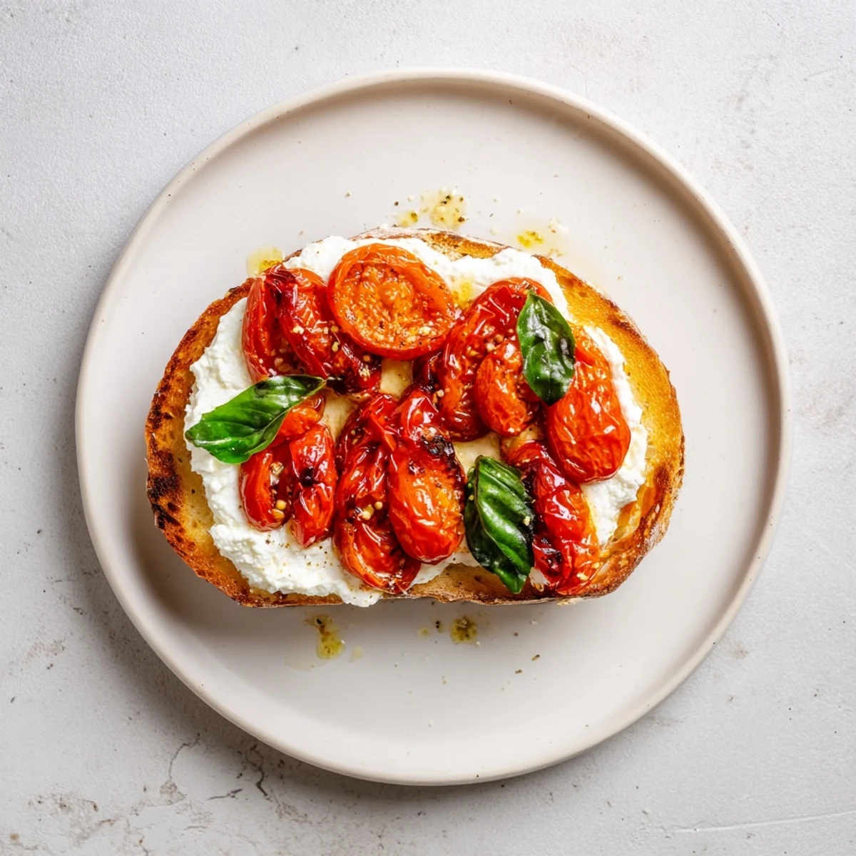 Golden-brown sourdough toast topped with creamy whipped ricotta and sweet roasted cherry tomatoes, garnished with fresh basil.