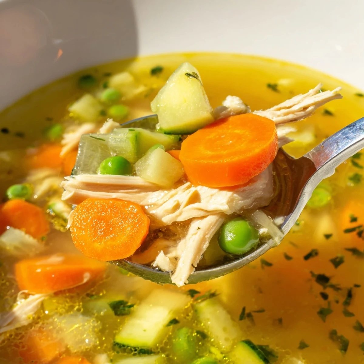 A steaming bowl of Spring Garden Chicken Soup with tender shredded chicken, carrots, and bright green peas.  