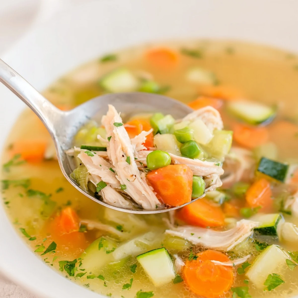 Spring Garden Chicken Soup ladled into a rustic bowl, garnished with fresh parsley and a lemon wedge.  
