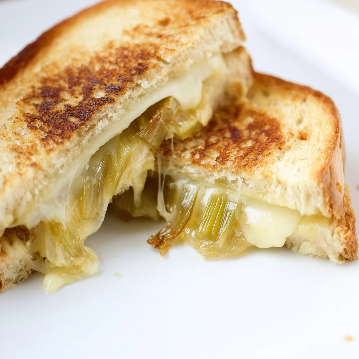 Golden-brown sourdough slices filled with melted Havarti and sweet caramelized leeks, served warm on a wooden board.