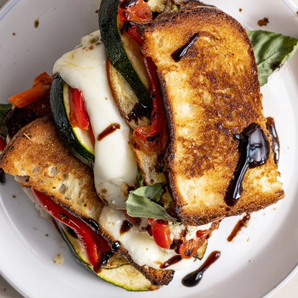 Golden, crispy sourdough sandwiches stacked with roasted zucchini and peppers, melted mozzarella, fresh tomatoes, and basil, drizzled with balsamic glaze.