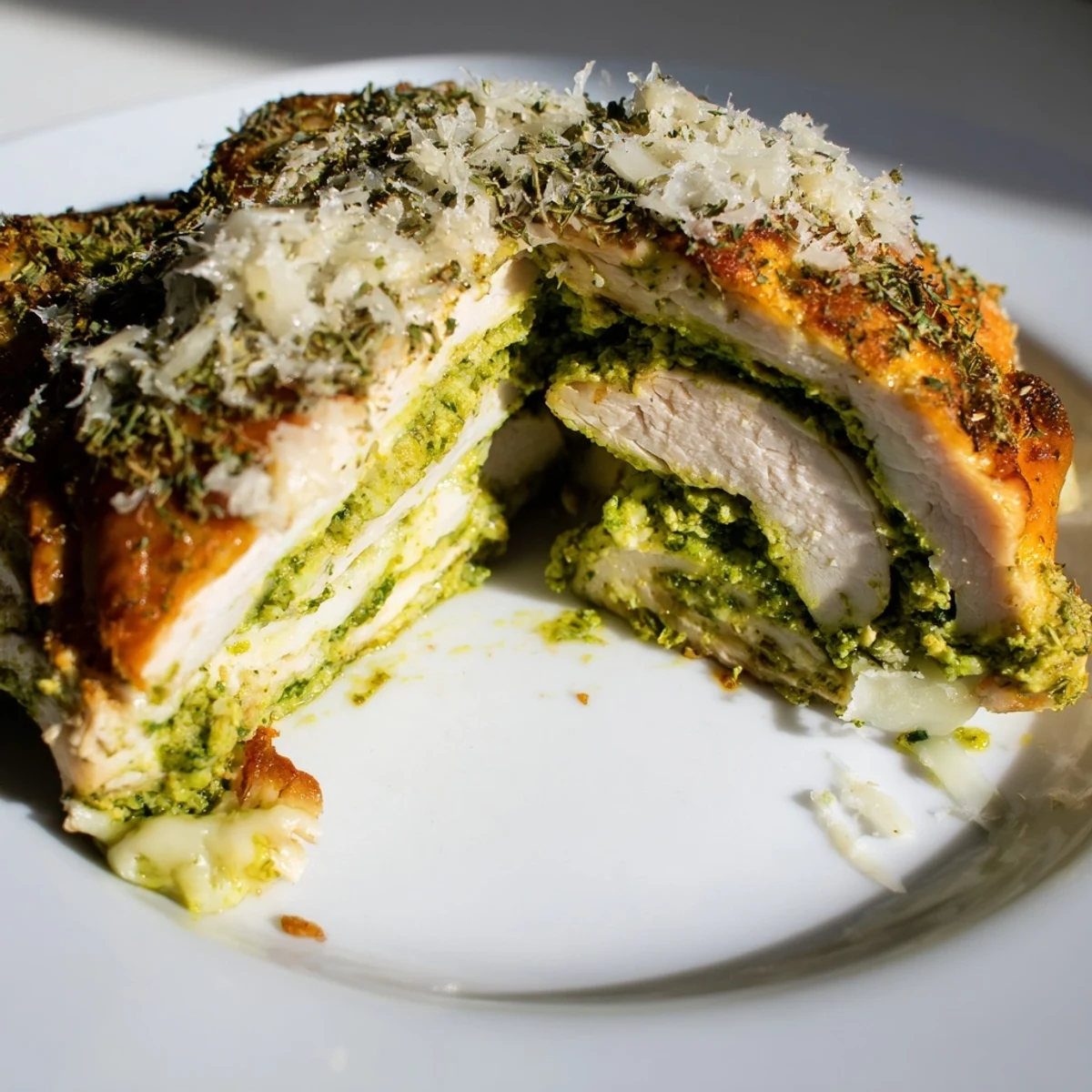 A close-up of Mozzarella & Pesto Stuffed Chicken, highlighting the juicy, herb-infused interior and a crispy, golden Parmesan topping.