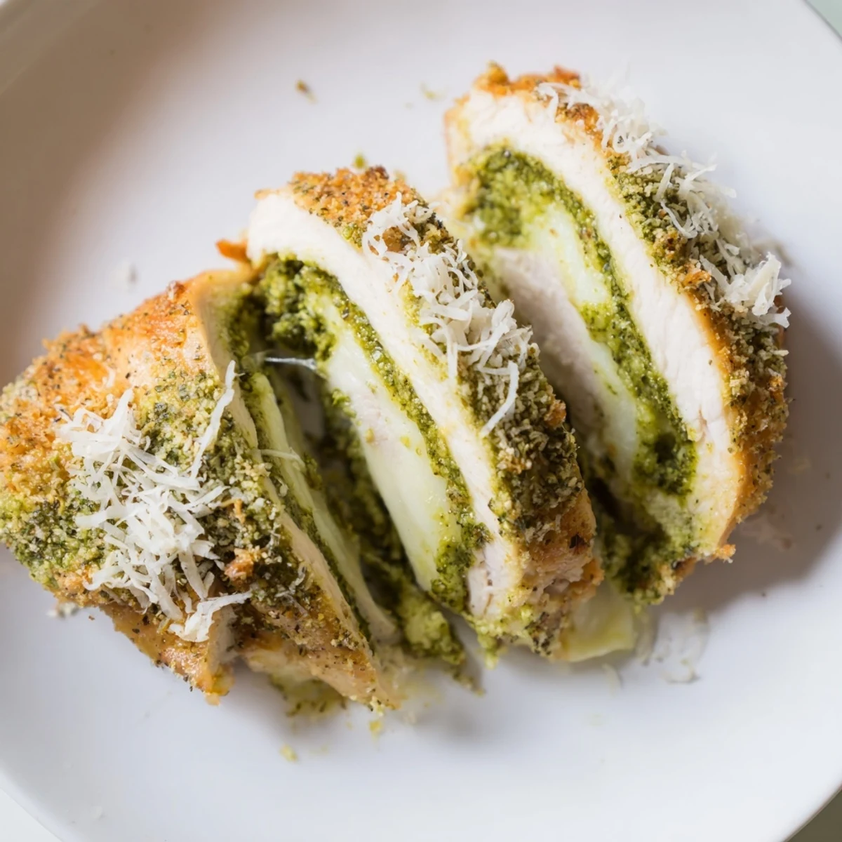 Sliced Mozzarella & Pesto Stuffed Chicken revealing the vibrant green pesto and creamy mozzarella, plated with a side of crisp green salad.