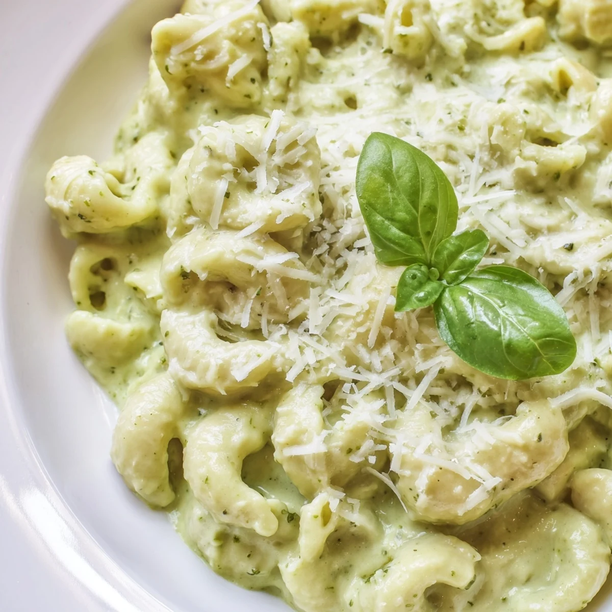 Creamy avocado pesto mac is served in a white bowl, garnished with fresh basil and grated Parmesan cheese.  