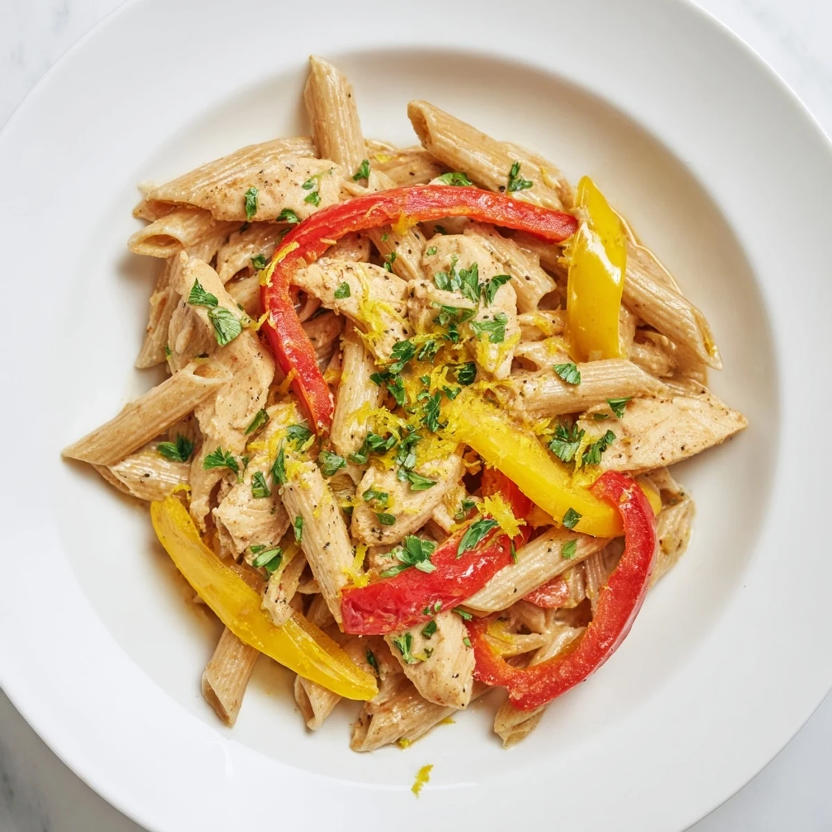 Creamy Cajun Chicken Pasta Lite with tender strips, colorful bell peppers, and penne in a spicy, reduced-calorie sauce.