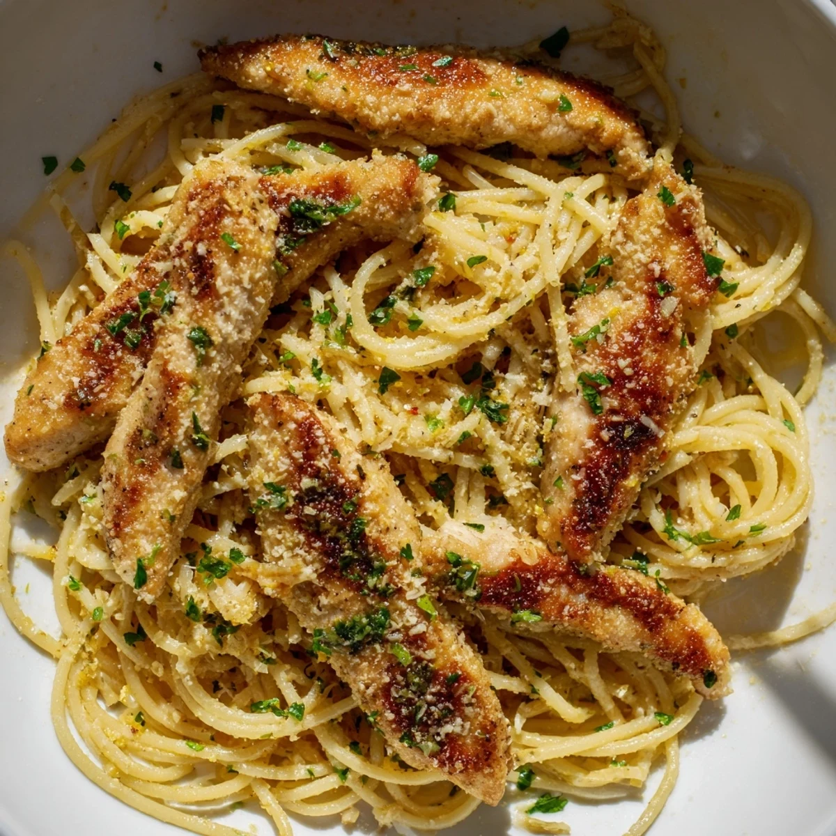 Creamy Brown Butter Lemon Chicken Pasta tossed with seared chicken, spaghetti, and fresh parsley on a rustic plate.  