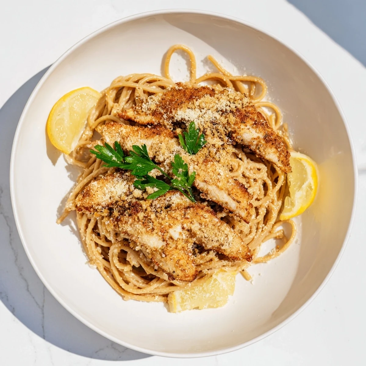 Golden seared chicken breast and spaghetti in a nutty brown butter sauce with lemon zest and Parmesan.  