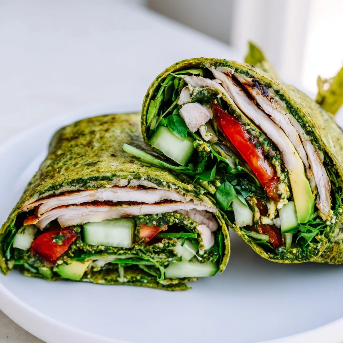 Golden grilled chimichurri chicken slices layered with crisp greens and fresh veggies inside a warm flour tortilla.