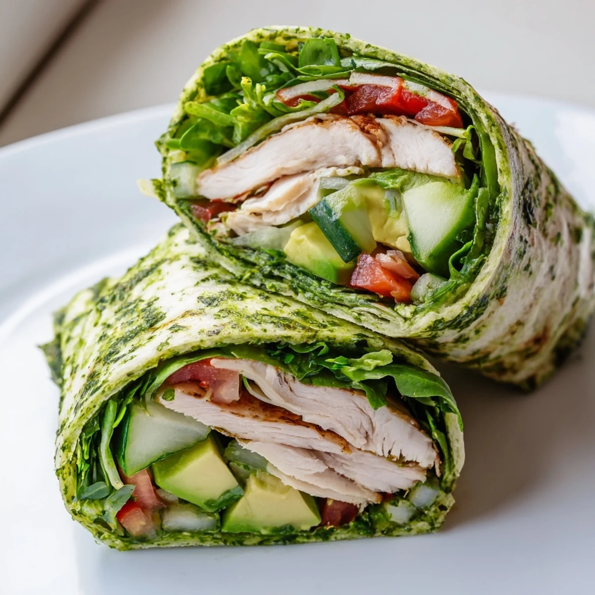 A vibrant chimichurri chicken salad wrap with avocado, tomato, and zesty herb sauce, ready for a satisfying lunch.