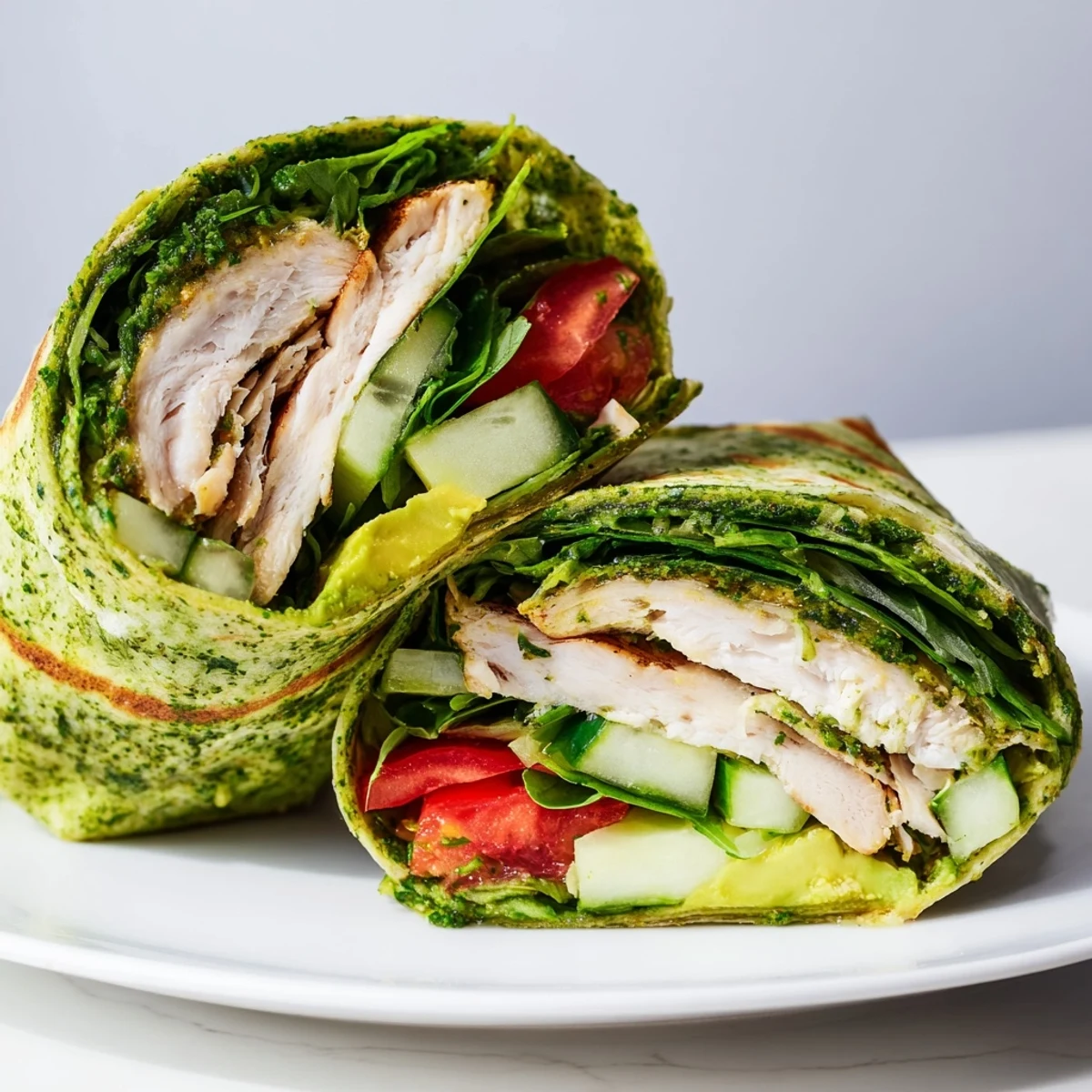 Sliced wrap halves show juicy chimichurri-marinated chicken, cucumber, and red onion piled into a soft tortilla.