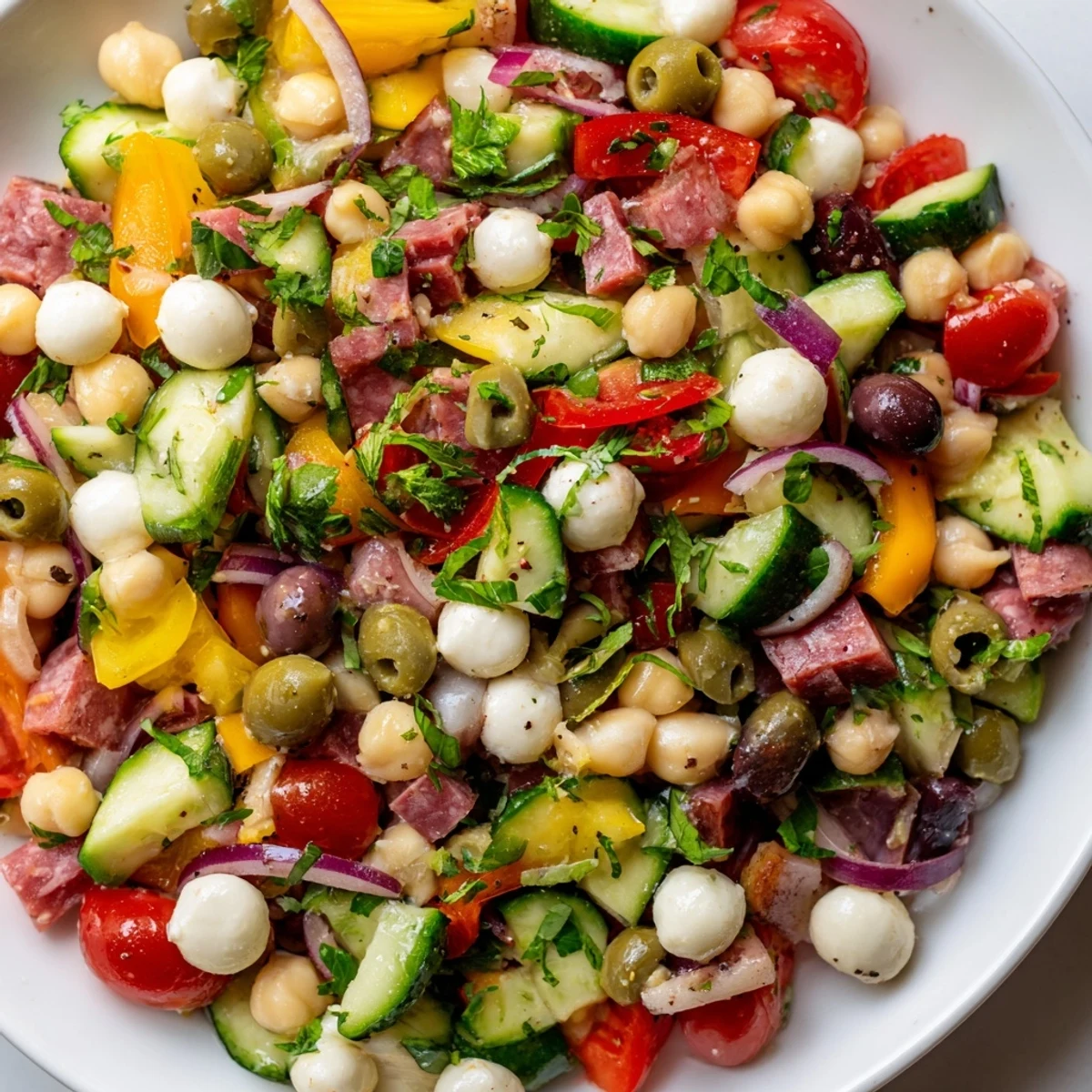 Vibrant Crunchy Antipasto Chopped Salad features chickpeas, diced vegetables, salami, and mozzarella pearls tossed in zesty Italian dressing.
