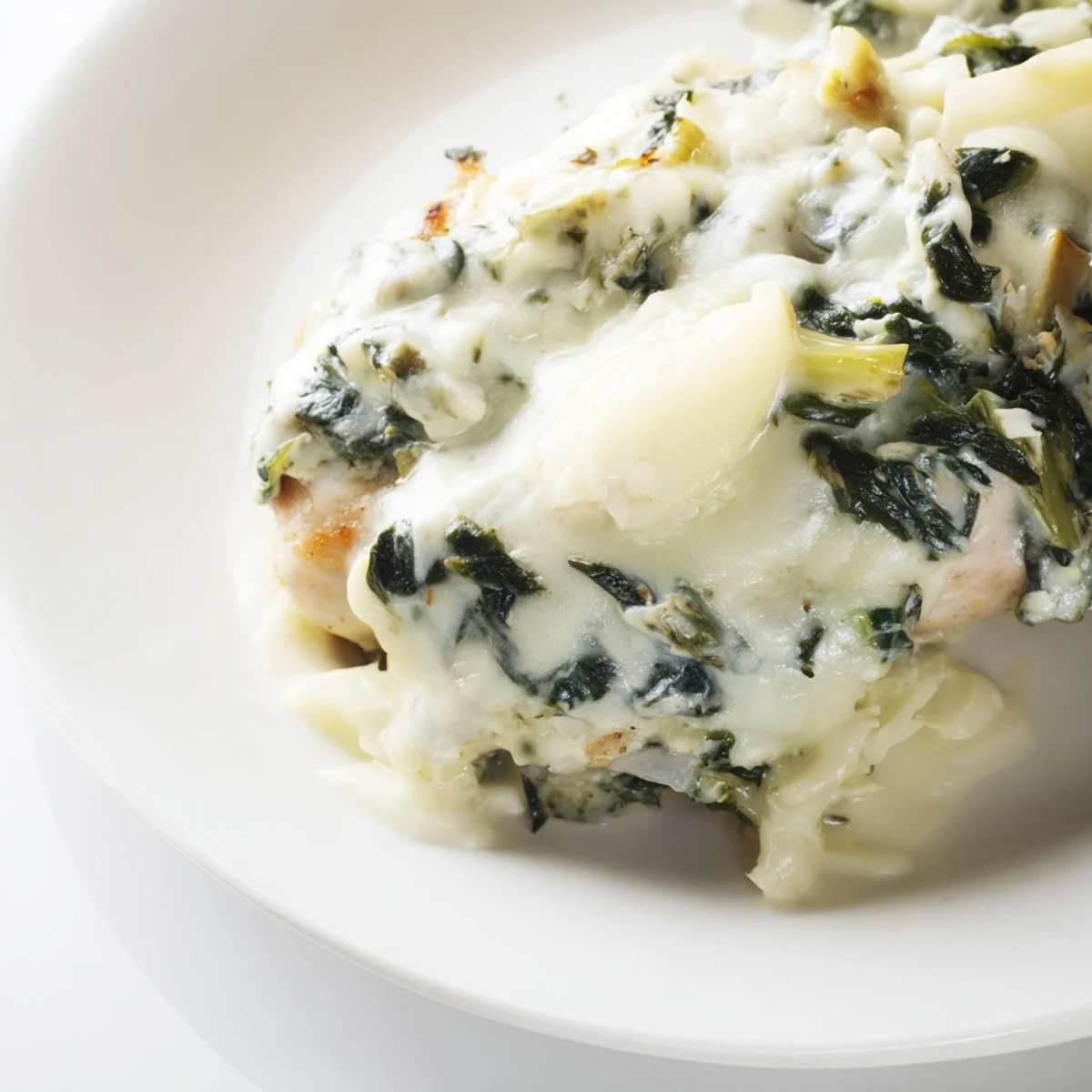 Golden-brown Spinach & Artichoke Chicken Bake fresh from the oven, with creamy, bubbly topping and tender chicken breasts.