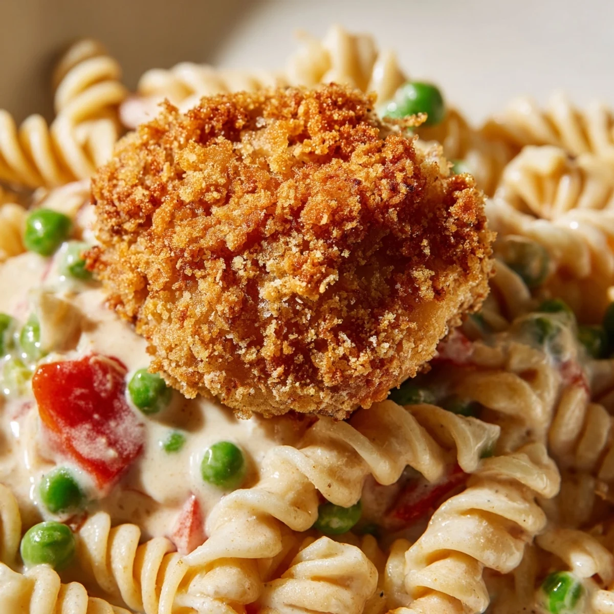 Golden crispy chicken bites nestle in a creamy ranch pasta salad with vibrant red bell pepper and green onions.