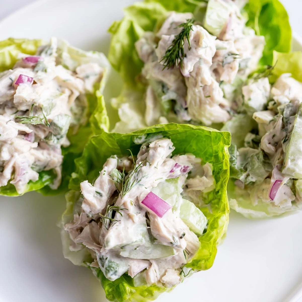Chilled dill pickle chicken salad nestled inside crisp butter lettuce cups for a refreshing, low-carb meal.