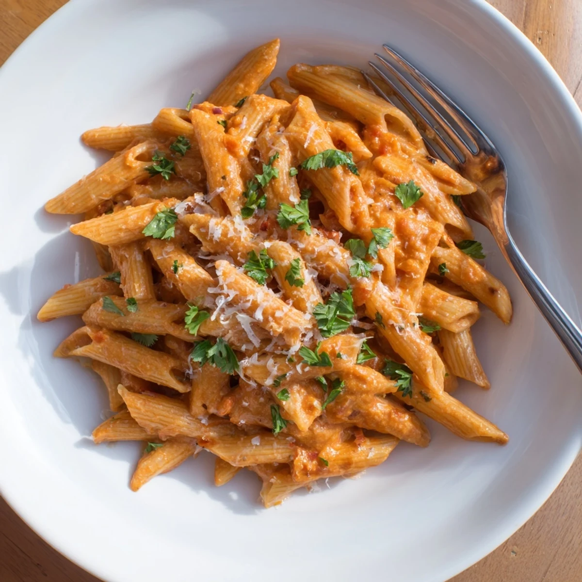 Creamy Roasted Red Pepper Pasta in a white bowl, topped with fresh basil and extra Parmesan, perfect for a cozy weeknight dinner.  