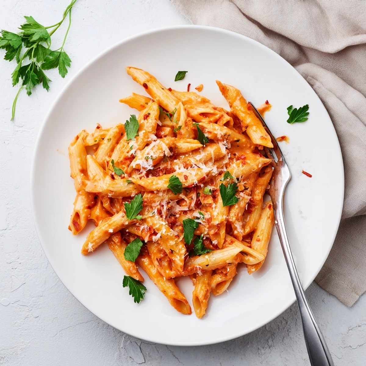 A close-up of Creamy Roasted Red Pepper Pasta with a velvety sauce clinging to penne, served with a glass of white wine.  