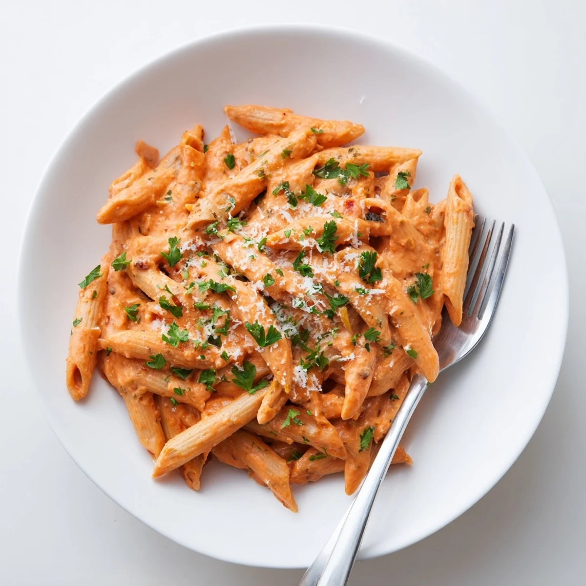 Vibrant, vegetarian Creamy Roasted Red Pepper Pasta garnished with parsley, ready to serve alongside a crisp green salad.