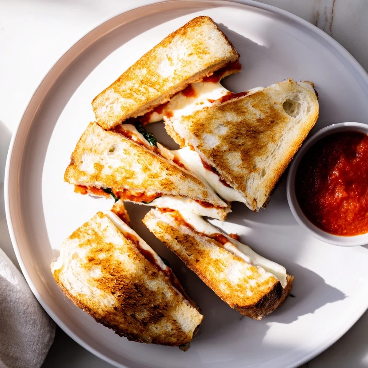Golden, melty Caprese Grilled Cheese Dippers sit beside a bowl of warm marinara, showcasing fresh basil and ripe tomato slices.