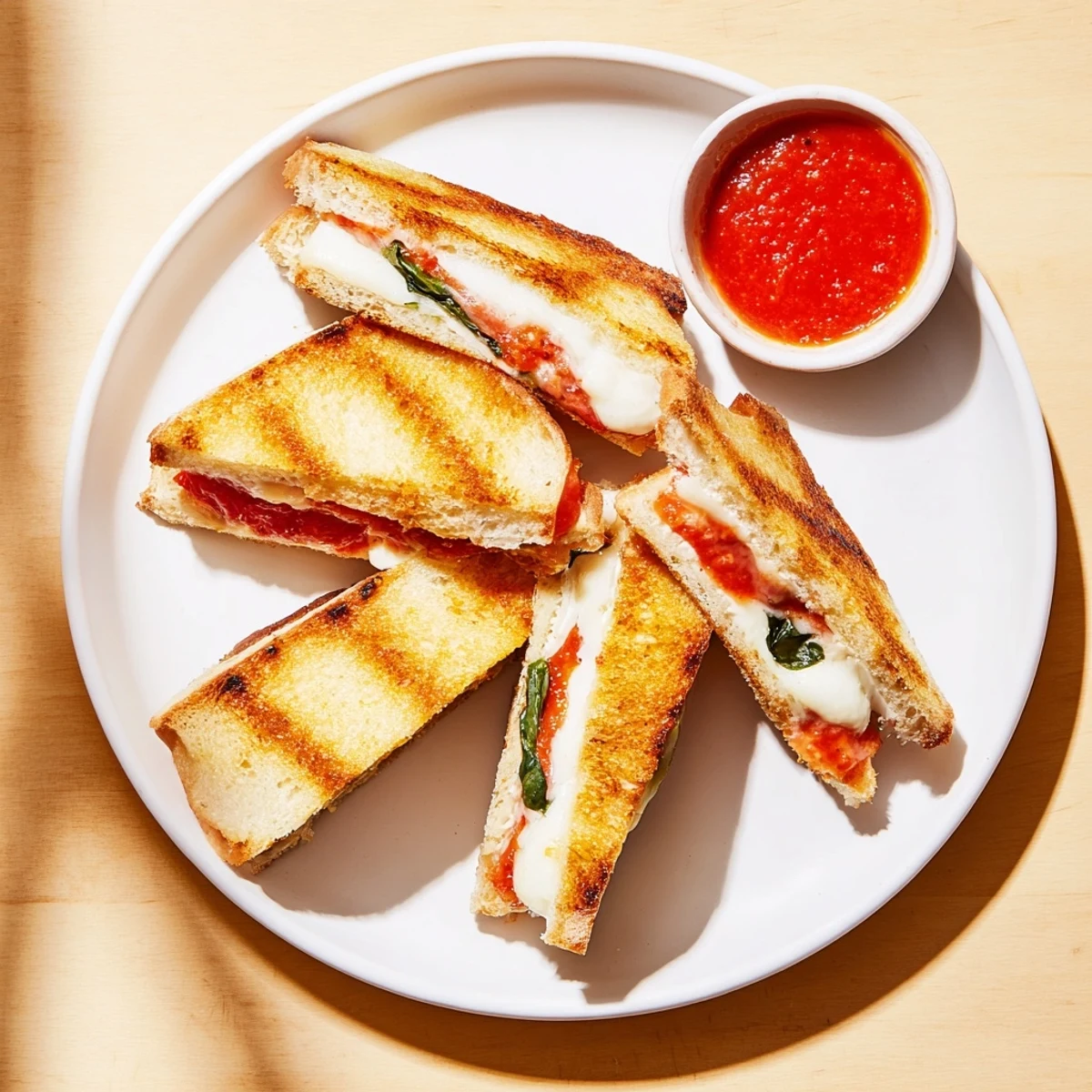 A close-up of Caprese Grilled Cheese Dippers reveals bubbling cheese, fresh basil, and a side of tangy marinara for dipping.