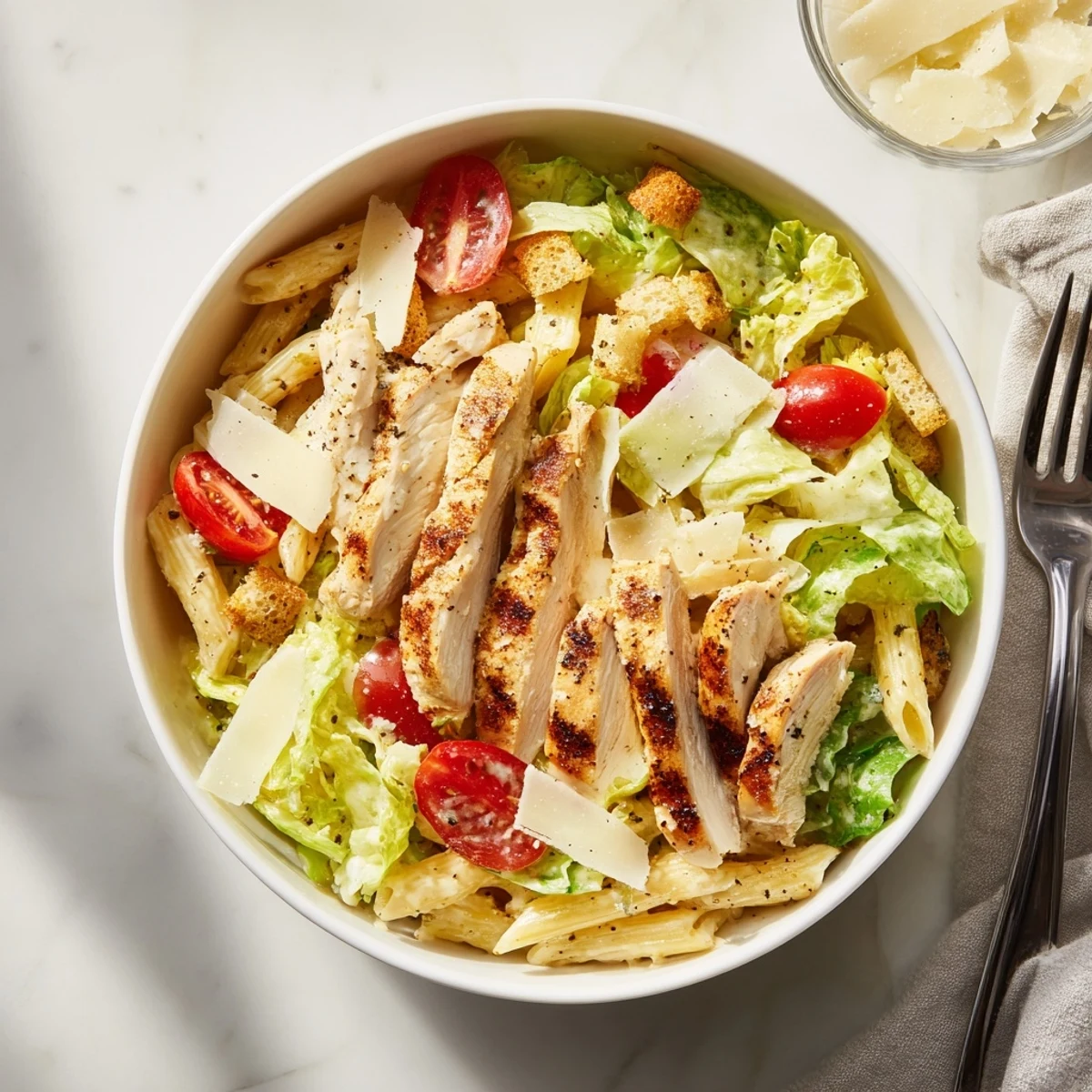 Golden grilled chicken slices rest atop a vibrant Caesar Pasta Chicken Bowl with crisp romaine and cherry tomatoes.  