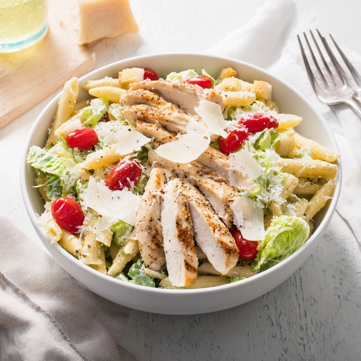 The Caesar Pasta Chicken Bowl features hearty pasta, tender chicken, and colorful veggies served warm or chilled.