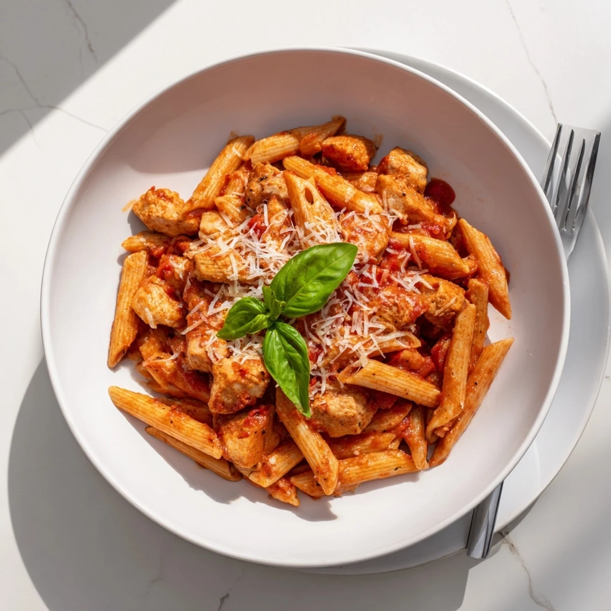A hearty serving of Tomato Basil Chicken Pasta steaming on a white plate, ready for a quick weeknight dinner.