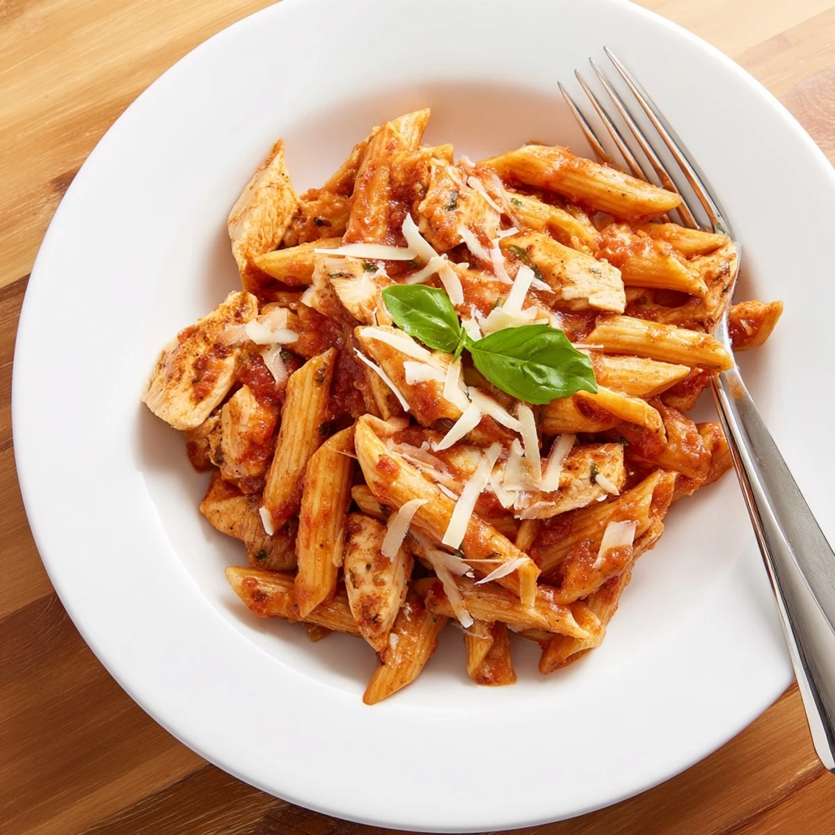 Tender chicken and al dente pasta coated in a vibrant tomato-basil sauce, garnished with fresh basil and Parmesan cheese.