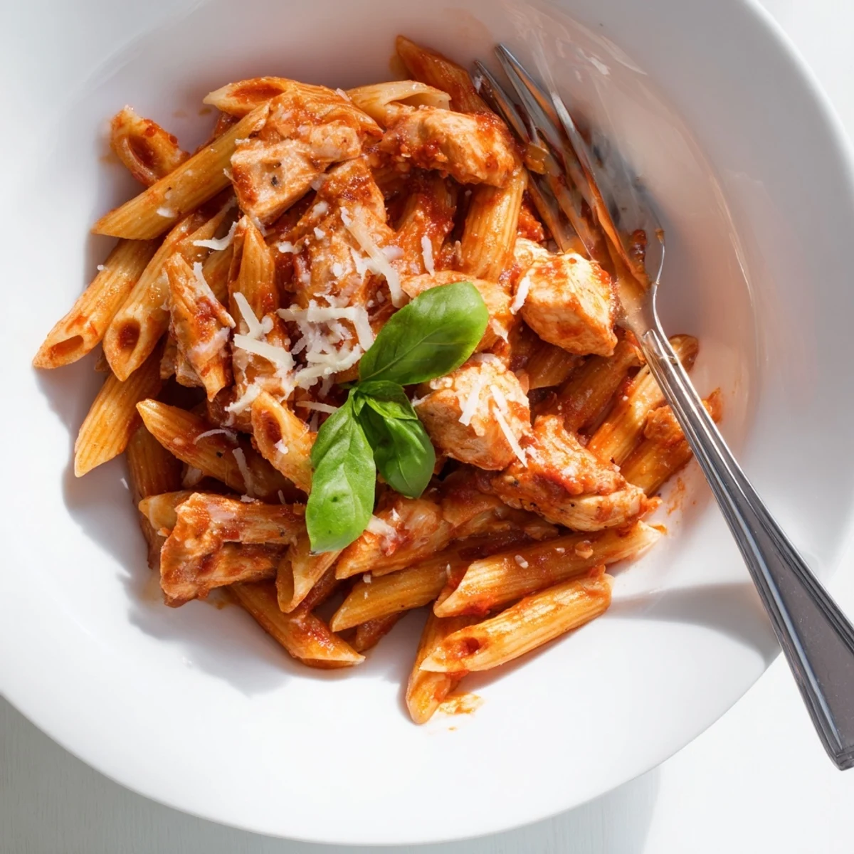 Close-up of sautéed chicken pieces and pasta in a rich red tomato sauce, highlighting the flecks of fresh basil.