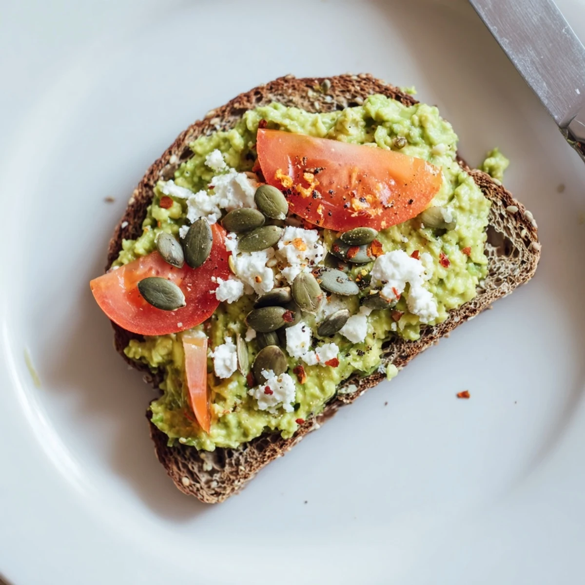 Crisp, golden slices of whole grain bread topped with mashed avocado and fresh toppings for a hearty breakfast.