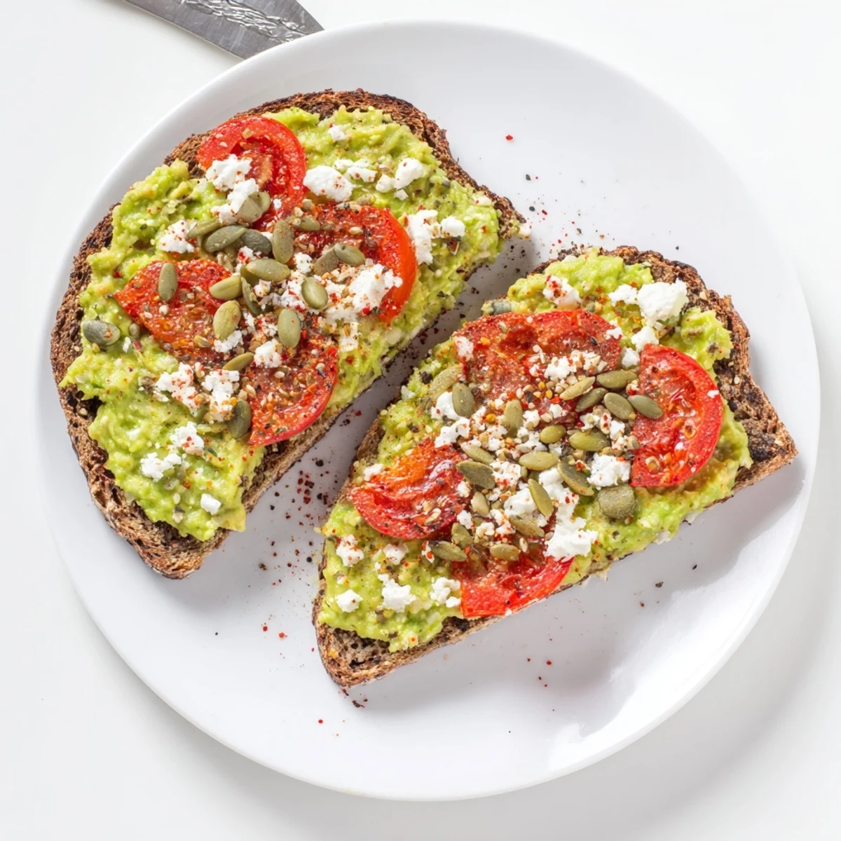 A vibrant close-up of avocado toast on whole grain bread, garnished with seeds and sliced tomato.
