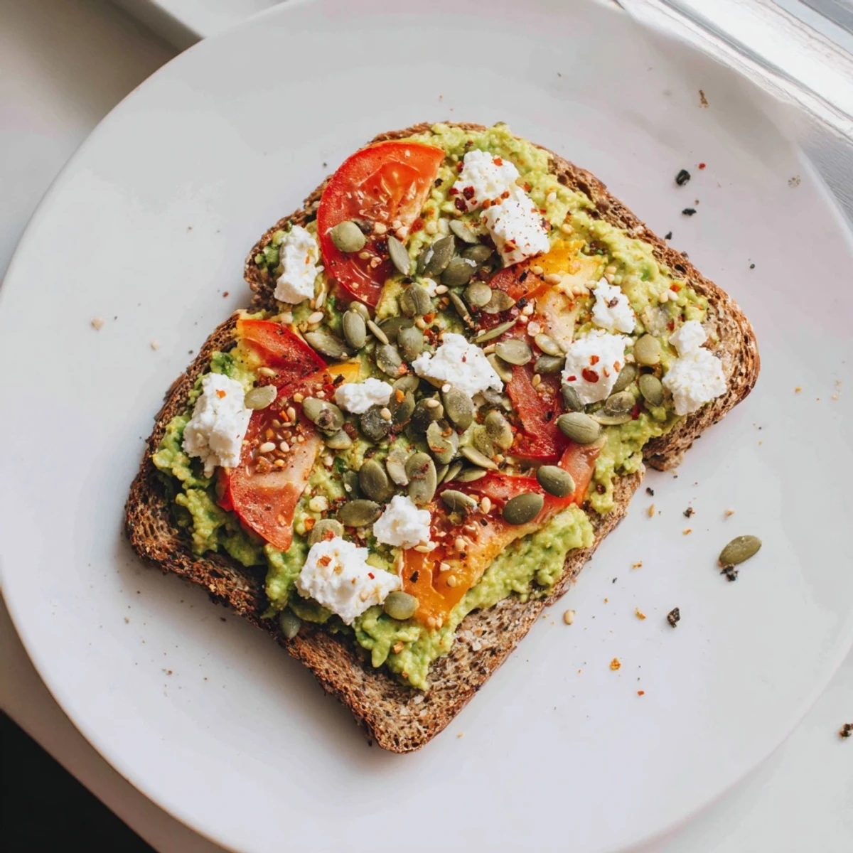 Toasted whole grain avocado toast is served warm, ready to be enjoyed as a nutritious snack or light meal.