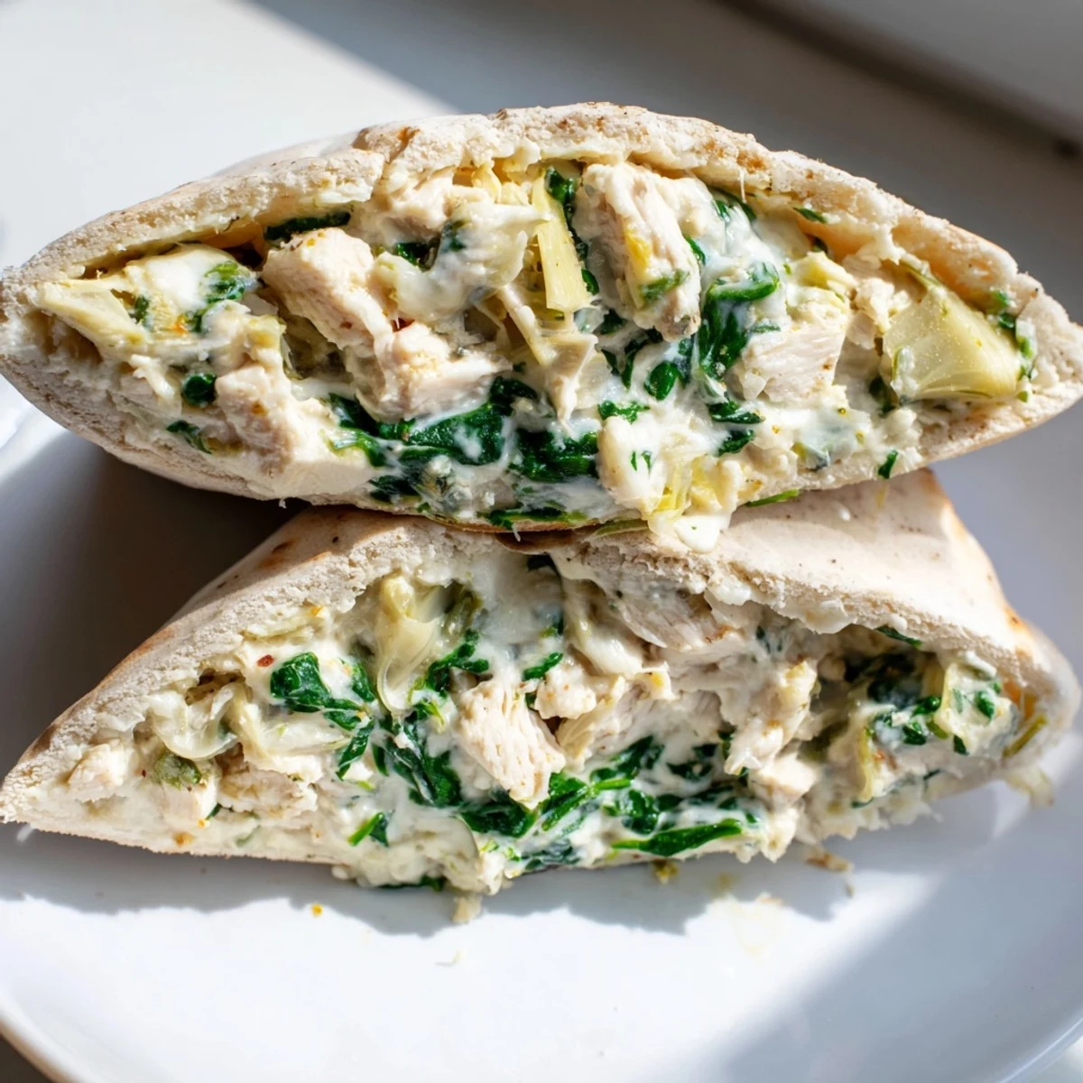 Golden-brown Spinach Artichoke Chicken Stuffed Pita pockets rest on a plate, showcasing the melted mozzarella and creamy filling inside.