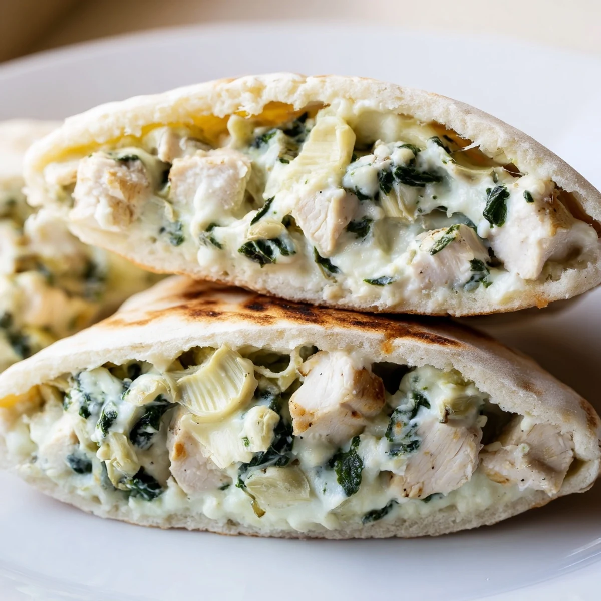 A close-up of baked Spinach Artichoke Chicken Stuffed Pita reveals the gooey cheese and vibrant green spinach inside the pita pocket.