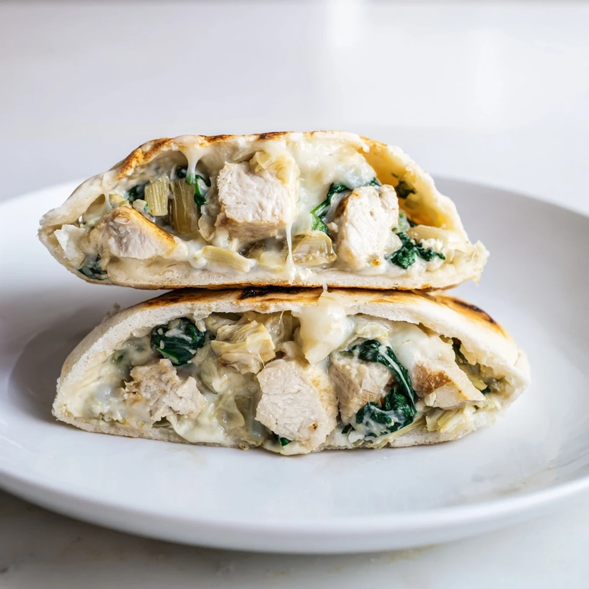 Fresh spinach and tender chicken fill this Spinach Artichoke Chicken Stuffed Pita, served with lemon wedges for a bright finish.