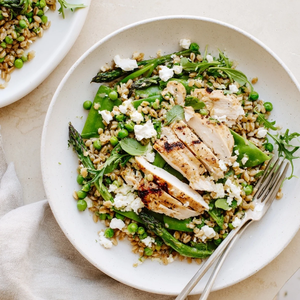 A vibrant plate of Warm Spring Farro Chicken Salad with grilled chicken, blanched asparagus, peas, and arugula tossed in lemon vinaigrette.