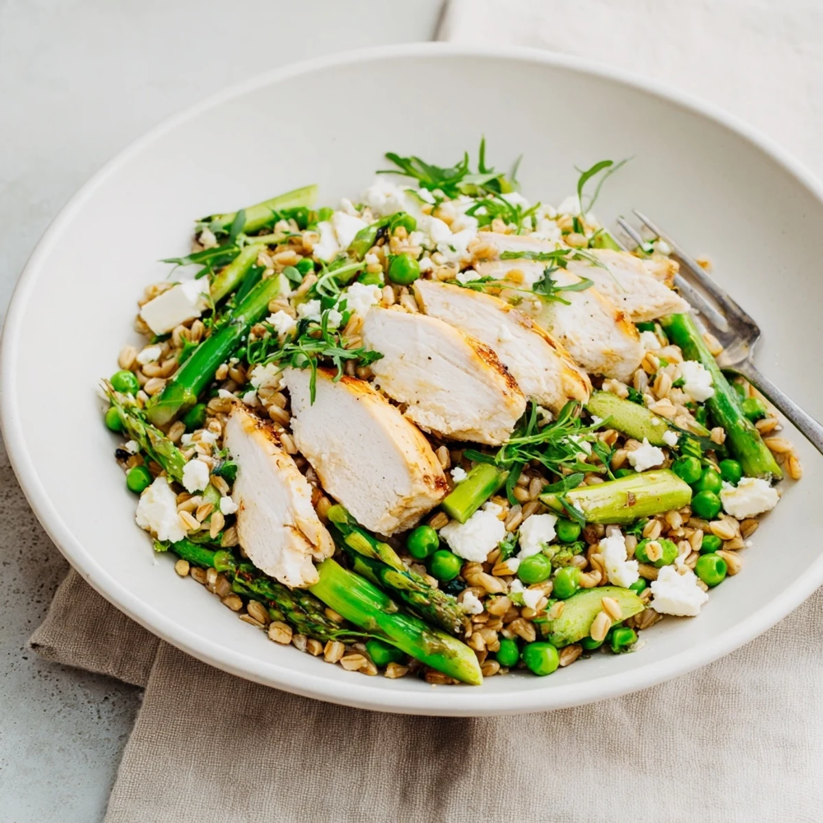 Savory Warm Spring Farro Chicken Salad featuring tender grains, juicy chicken slices, and fresh spring vegetables drizzled with zesty lemon dressing.