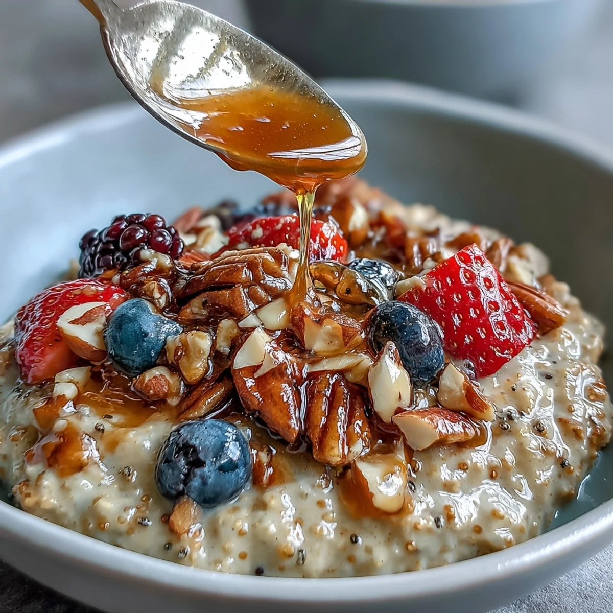 Warm millet porridge with mixed berries and spices served in a rustic bowl, perfect for a cozy breakfast.