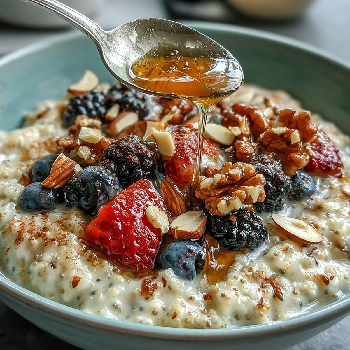 Hearty bowl of creamy millet porridge topped with fresh blueberries, raspberries, and crunchy nuts.