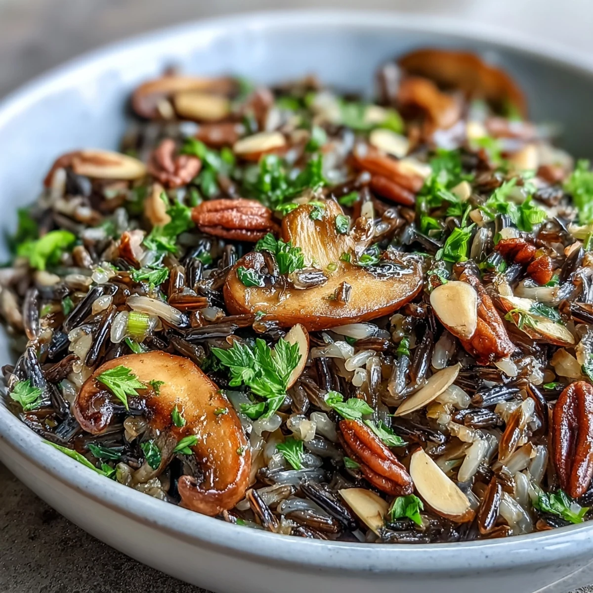 Fork-ready Wild Rice and Mushroom Pilaf served in a white ceramic bowl, highlighting sautéed mushrooms and tender grains. 