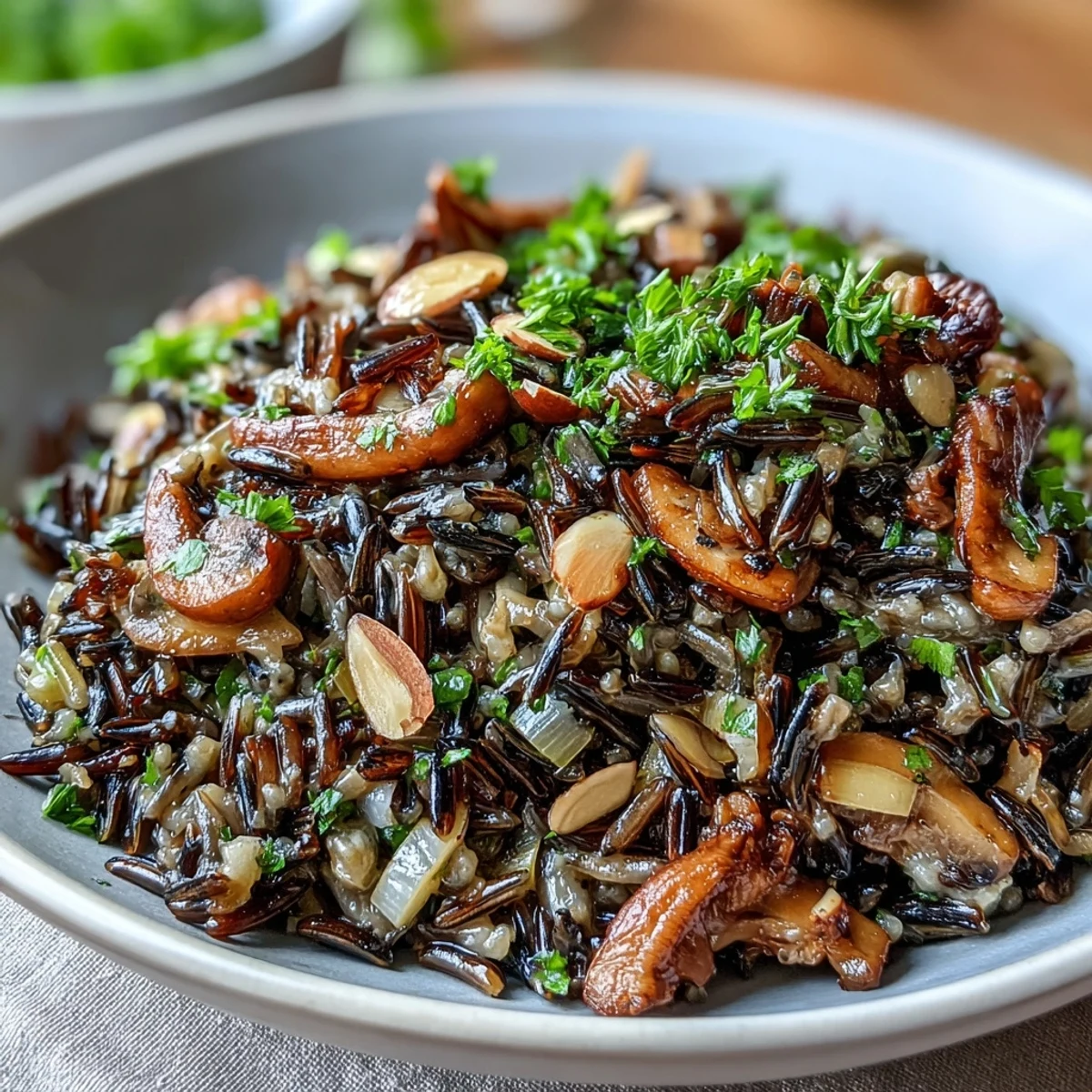 A close-up of Wild Rice and Mushroom Pilaf garnished with fresh parsley and toasted almonds, showing its hearty texture. 