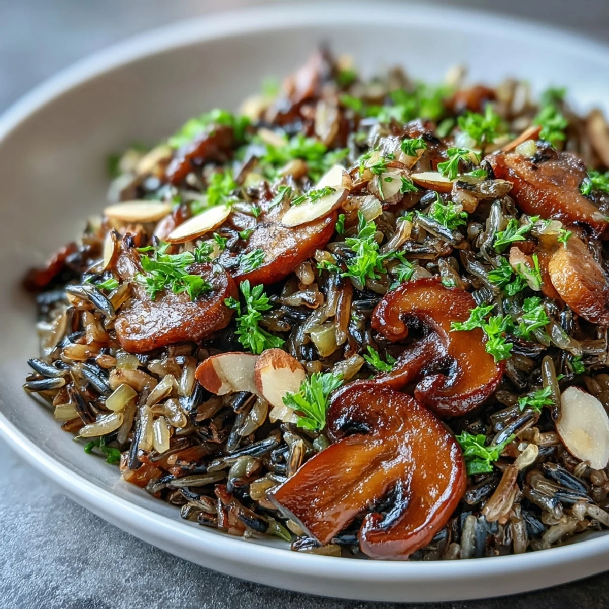 Steaming bowl of fluffy Wild Rice and Mushroom Pilaf with visible carrot and celery pieces, ready to be enjoyed.