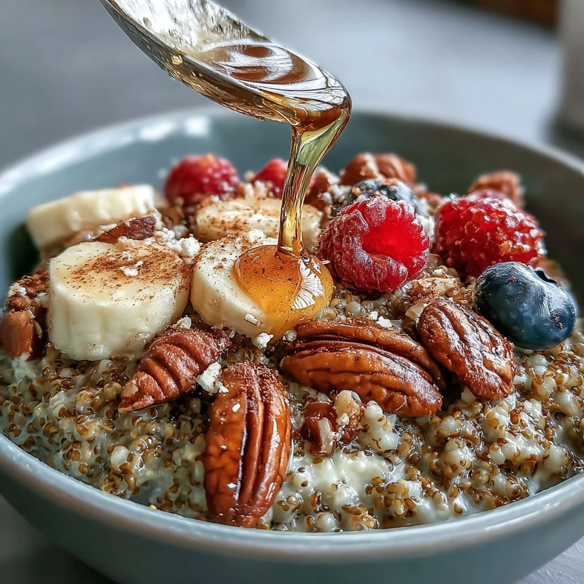 Tender buckwheat groats in a warm breakfast bowl, topped with crunchy chopped nuts and vibrant fresh fruit, drizzled with maple syrup.  