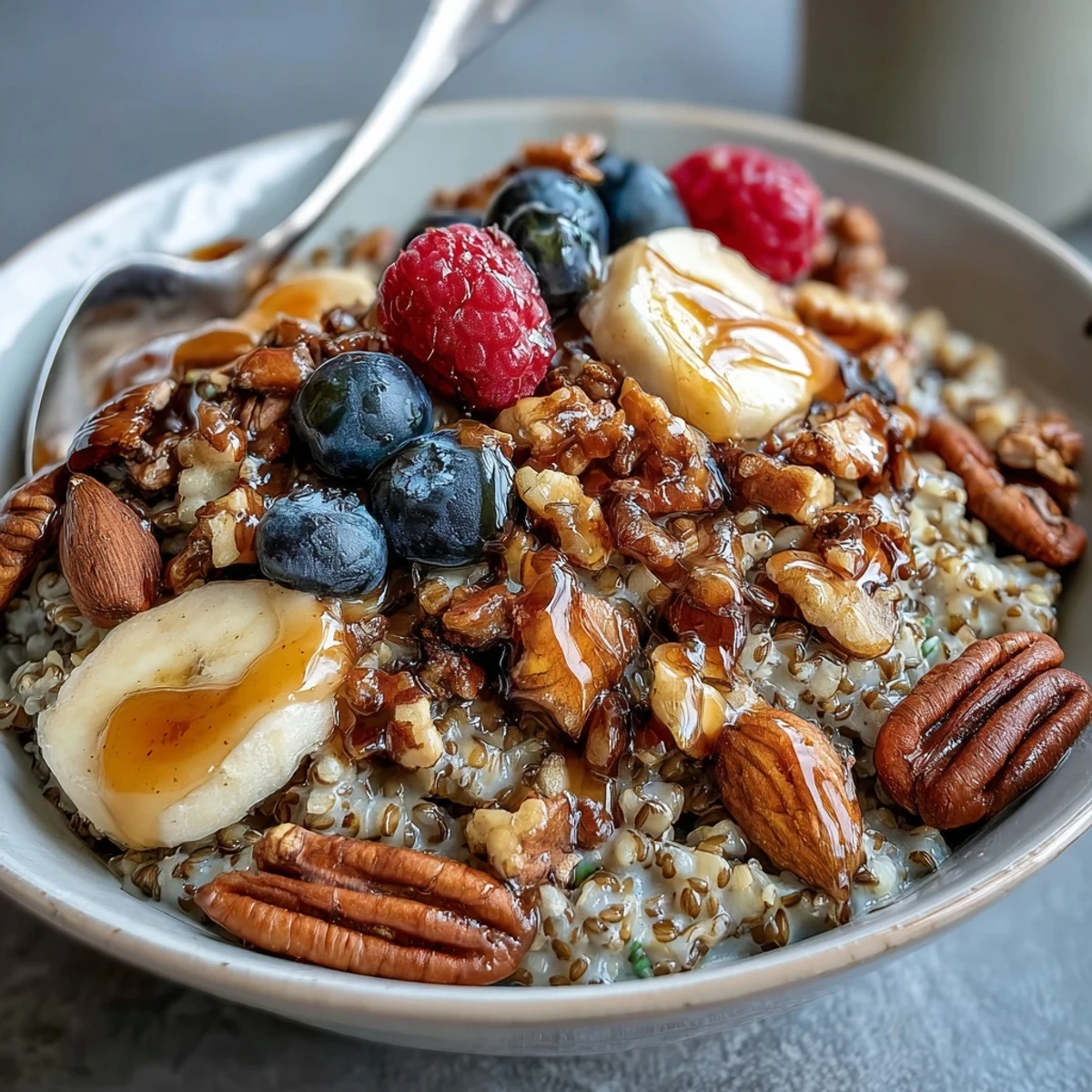 A close-up of gluten-free buckwheat groats breakfast, steaming in a bowl with mixed nuts, berries, and a cinnamon sprinkle.  