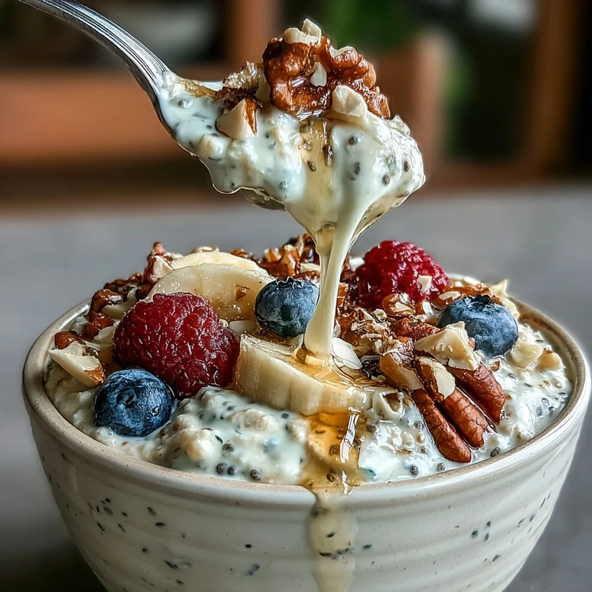 A jar of Overnight Oats With Chia Seeds topped with fresh berries and sliced banana on a wooden table.  