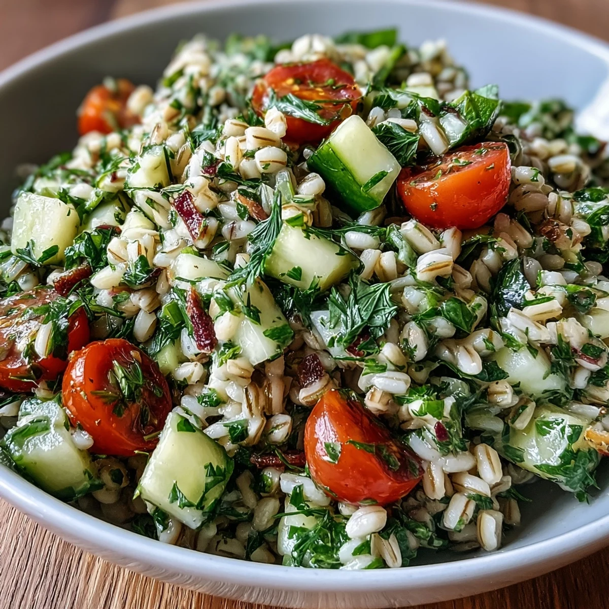 Mediterranean Barley and Herb Salad, a healthy and refreshing vegetarian dish ready to enjoy.
