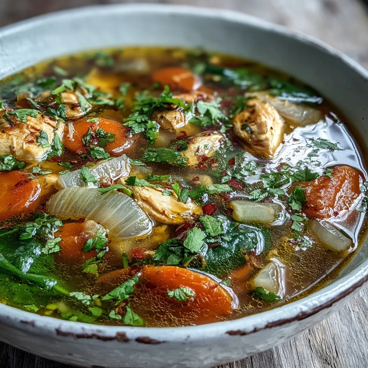 Golden Turmeric Chicken Soup steaming in a bowl, garnished with fresh cilantro and lemon, served alongside crusty bread for dipping.