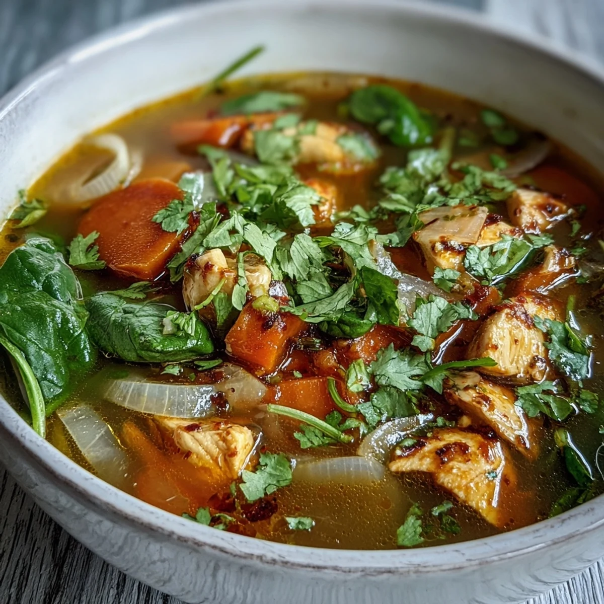 Warm bowl of Turmeric Chicken Soup with bright yellow color, fresh herbs, and a squeeze of lemon for zing.