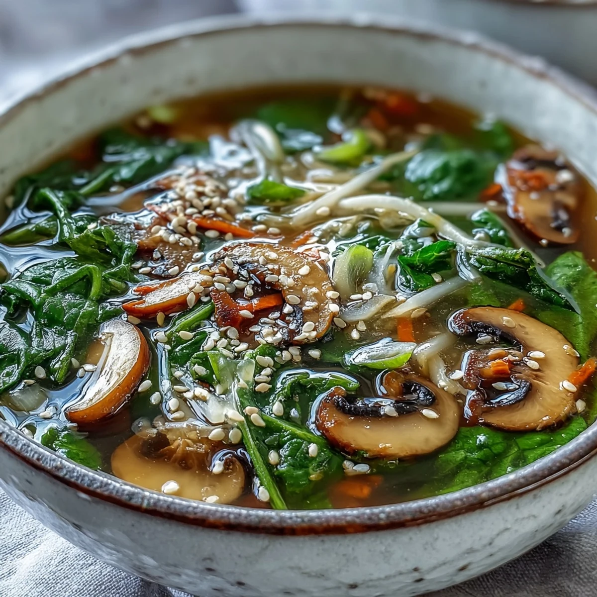 Steaming bowls of homemade Miso Ginger Winter Soup garnished with sesame seeds, baby spinach, and sliced green onions.
