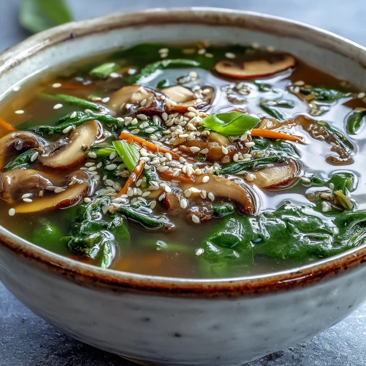 A nutritious Miso Ginger Winter Soup simmering with shiitake mushrooms, carrots, and fresh ginger slices for a savory flavor.