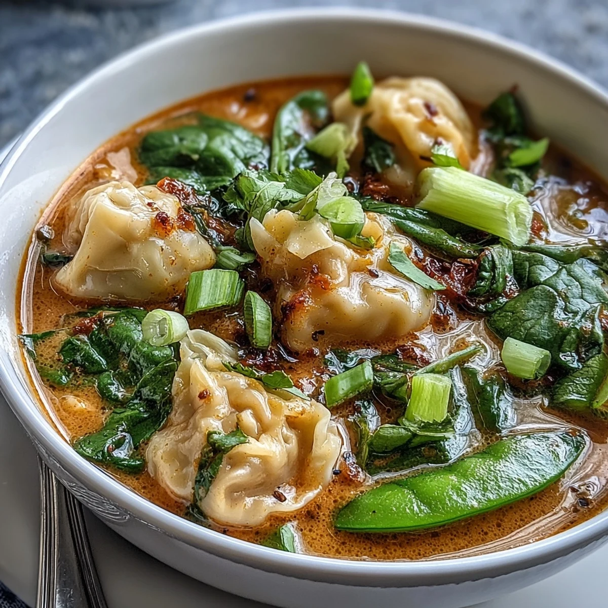 Fragrant red curry wonton soup with greens served steaming in a ceramic bowl, garnished with lime and cilantro.